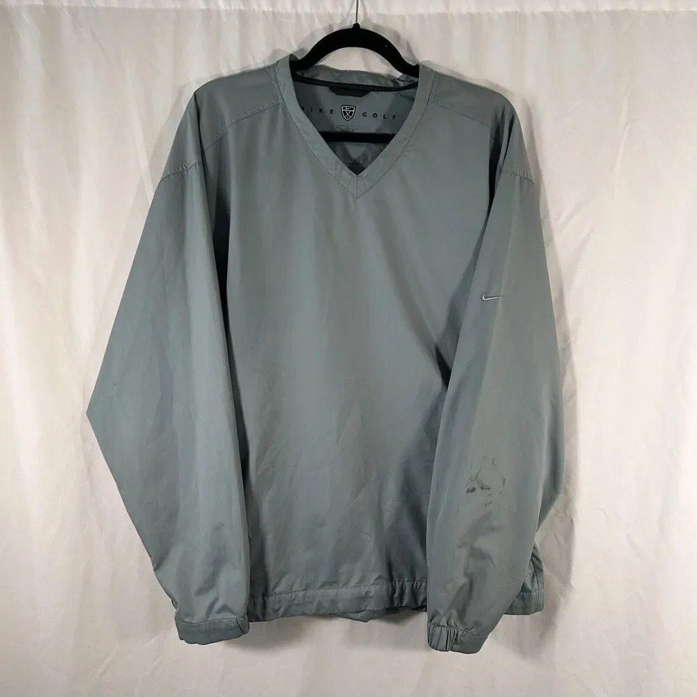 Nike Golf Windbreaker Men's Large Grey Long Sleeve Vneck Zip Pockets Pullover